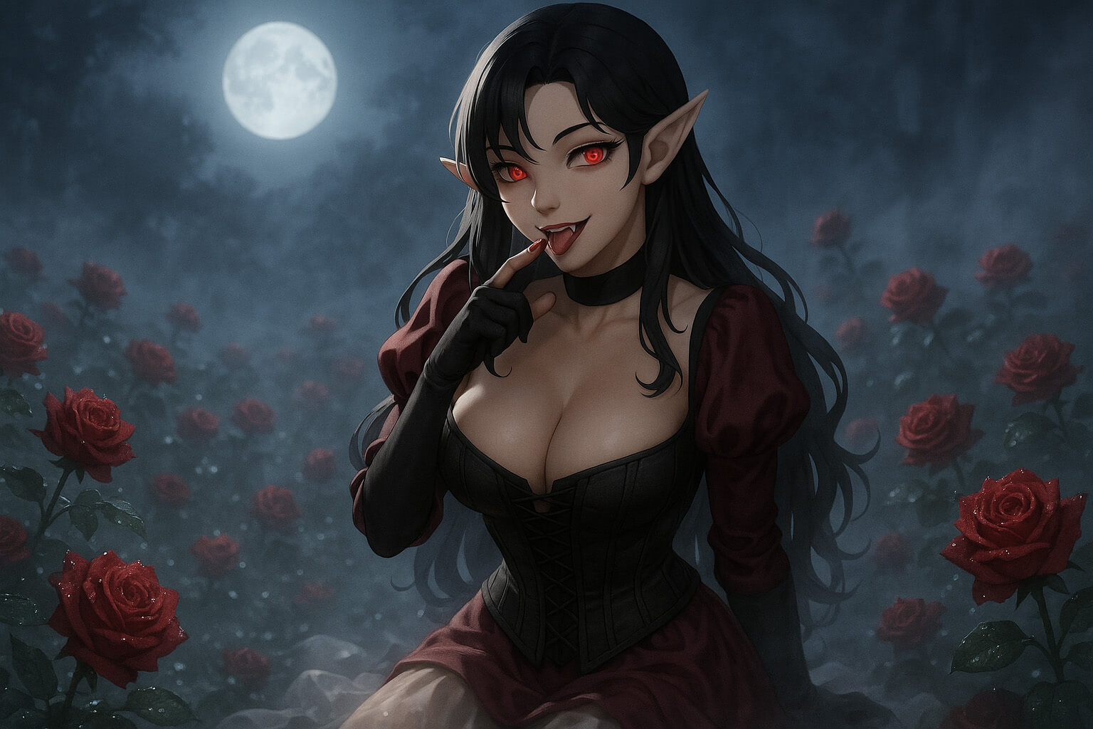 Vampire kneeling in a dark garden 