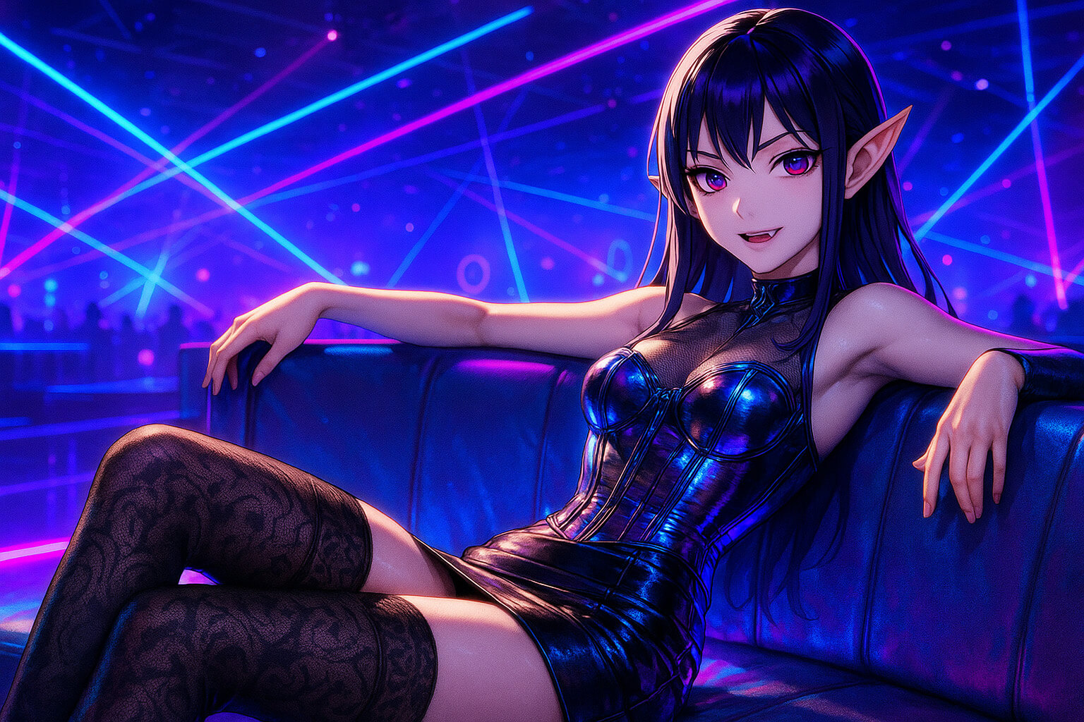 Cute anime vampire in the club with a short skirt and purple eyes