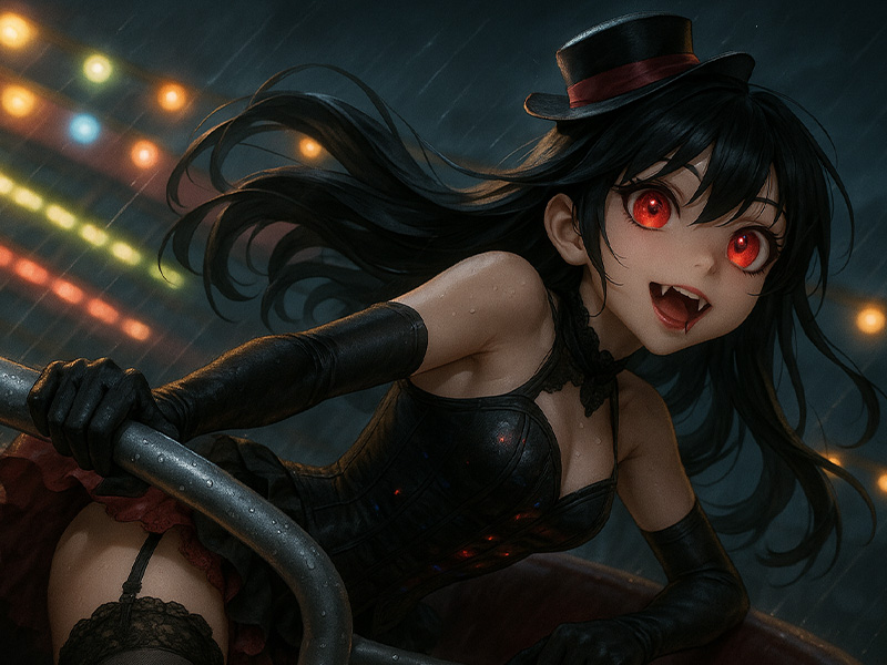 Anime vampire girl riding roller coaster at the carnival